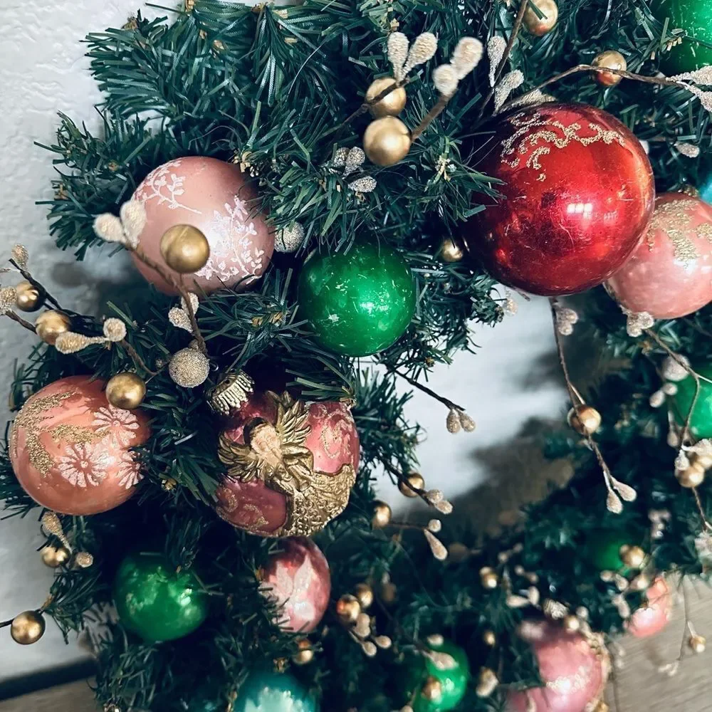 Vintage Christmas Ornaments Pink Gold Angel Holiday Wreath